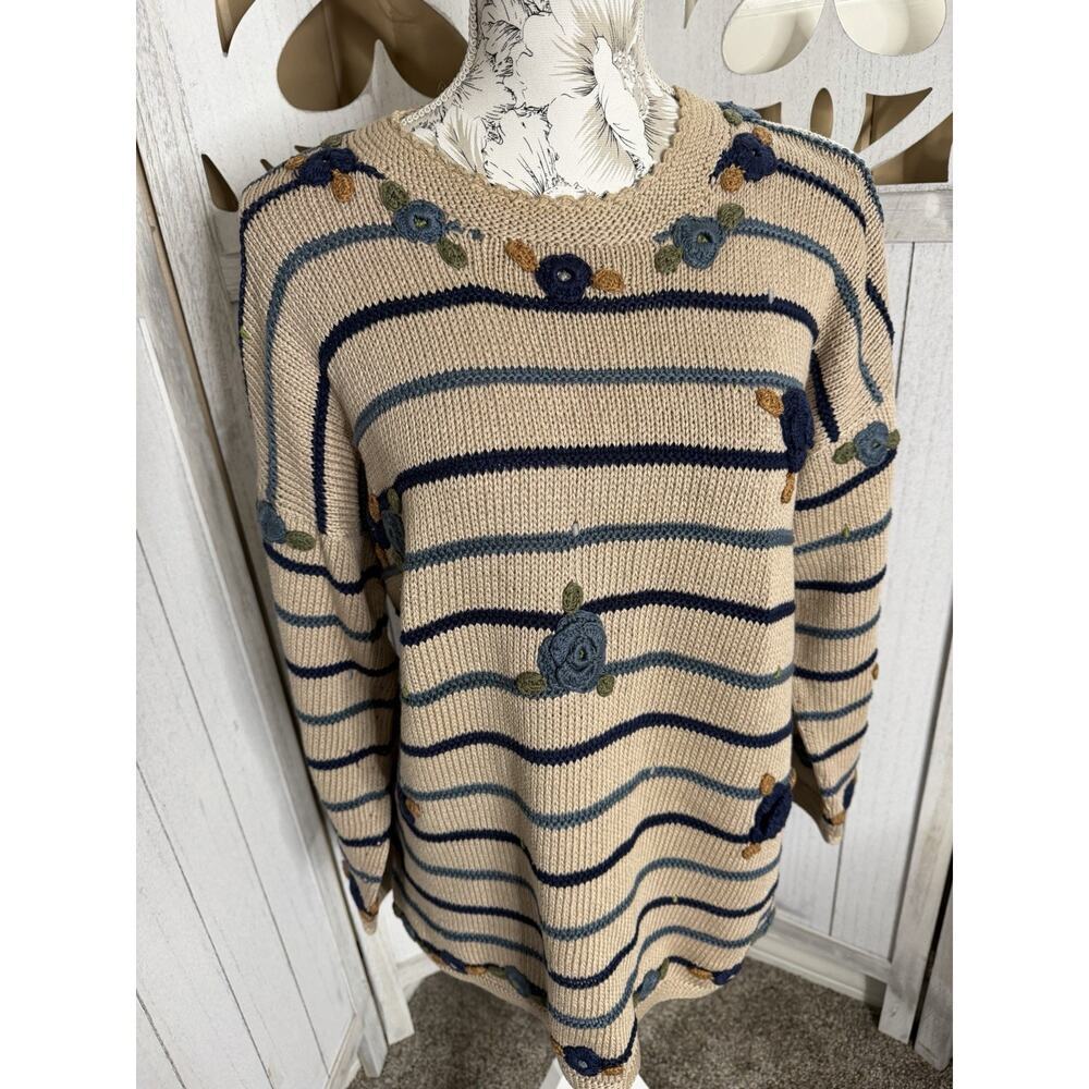 VINTAGE Hallet Sweater Womens Heavy Knit Pima Cotton 3D Knit Peru Floral Medium